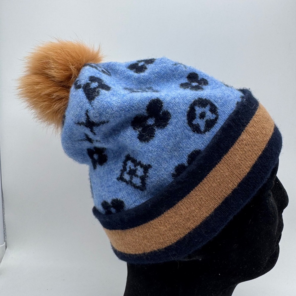 Mitchies 100% Wool Monogram Floral Beanie with Genuine Fur Pom Pom Blue Navy